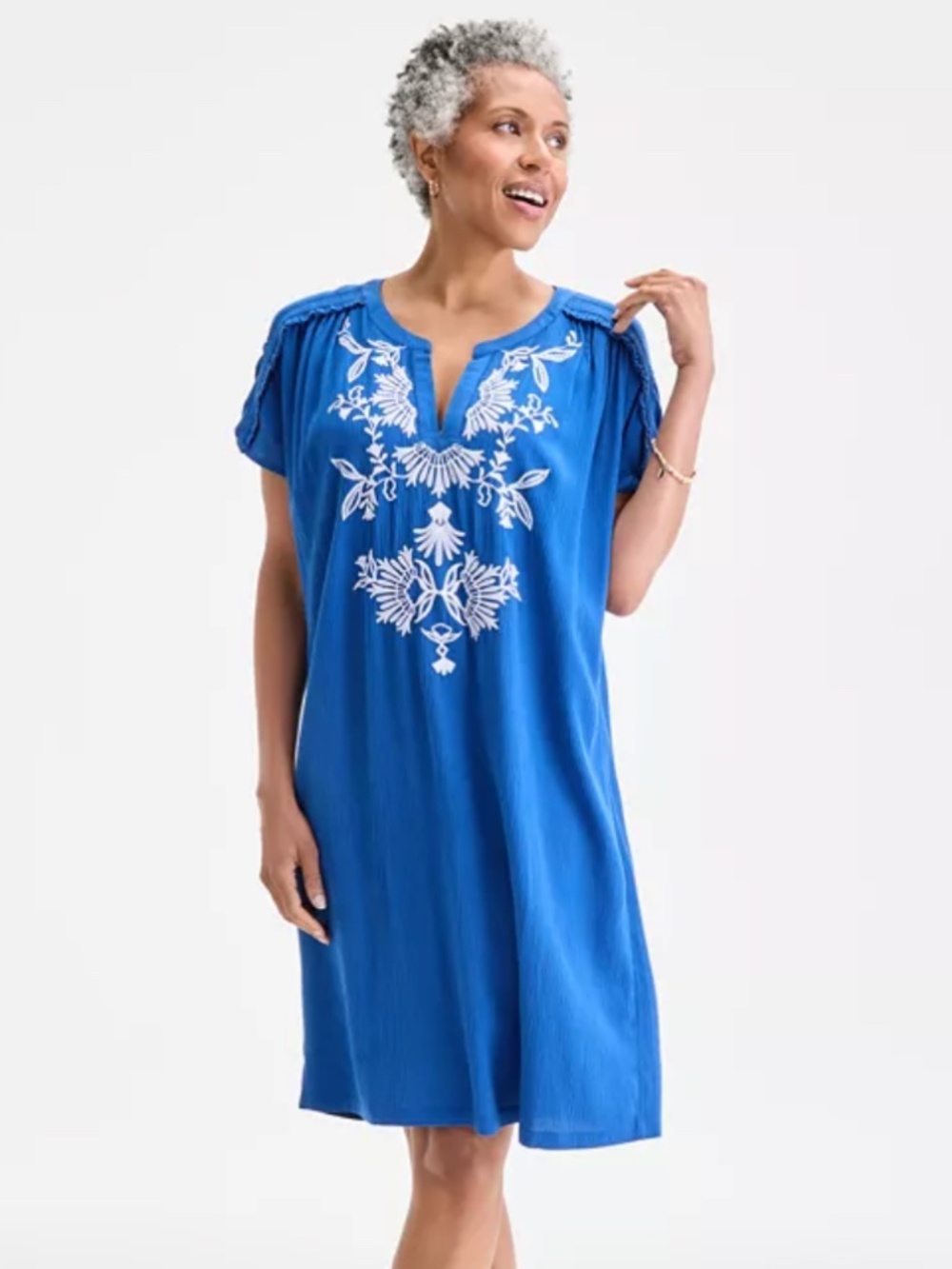 NWT Style & Co. Size L Cobalt Blue Embroidered Gauze Dress Boho Tunic